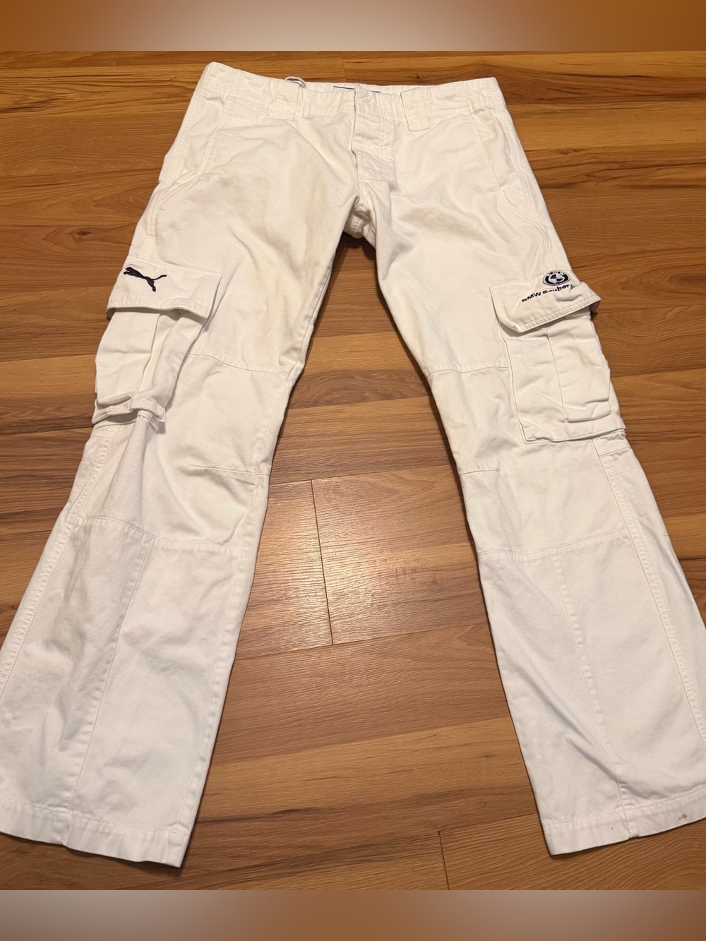 Puma x BMW Men’s White Cargo Trousers with Utility Pockets Sz Medium